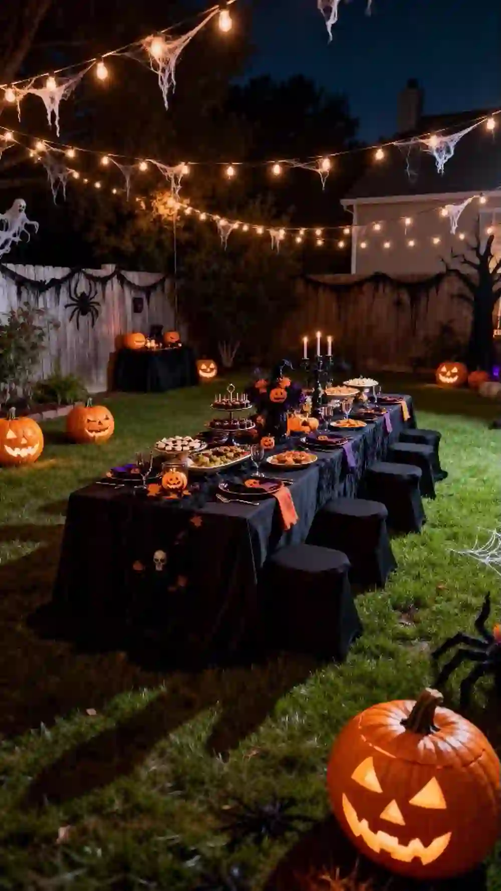Jardín del evento decorado de Halloween con mesa larga y calabazas